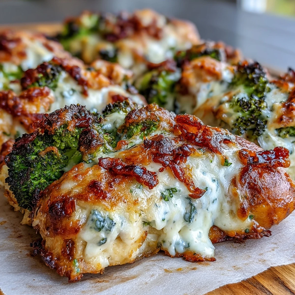 Golden-brown Ranch Chicken & Broccoli Sheet Pan Melt with bubbling cheddar cheese served alongside roasted vegetables.