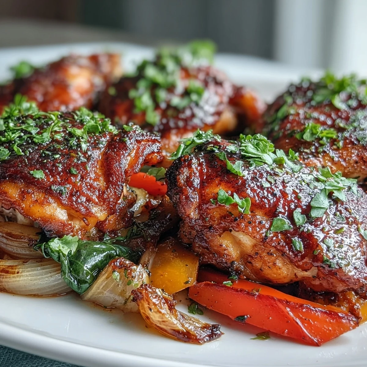 Crispy-skinned One-Pan Paprika Chicken thighs roasted with vibrant sweet peppers and onions. 