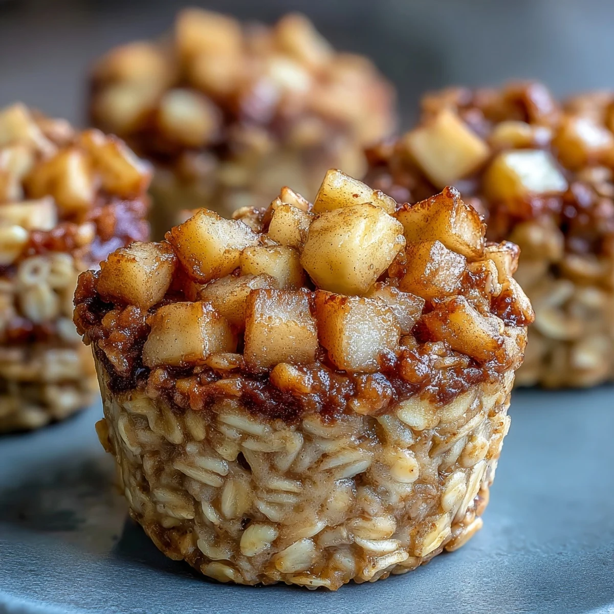 Freshly baked Vegan Apple Cinnamon Baked Oatmeal Cups in a muffin tin, showing a moist, hearty texture perfect for breakfast.