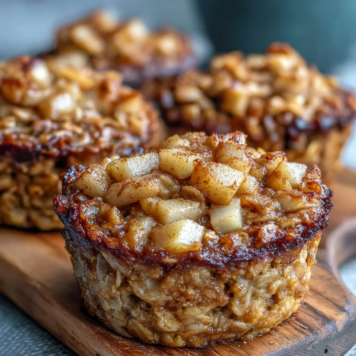 Vegan Apple Cinnamon Baked Oatmeal Cups stacked on a plate, a wholesome and fragrant snack for busy mornings.
