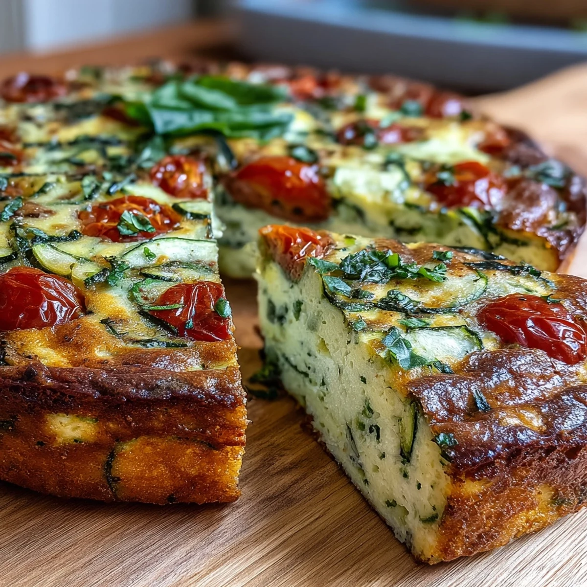 Golden, fluffy Light Zucchini and Tomato Frittata slices topped with fresh basil.