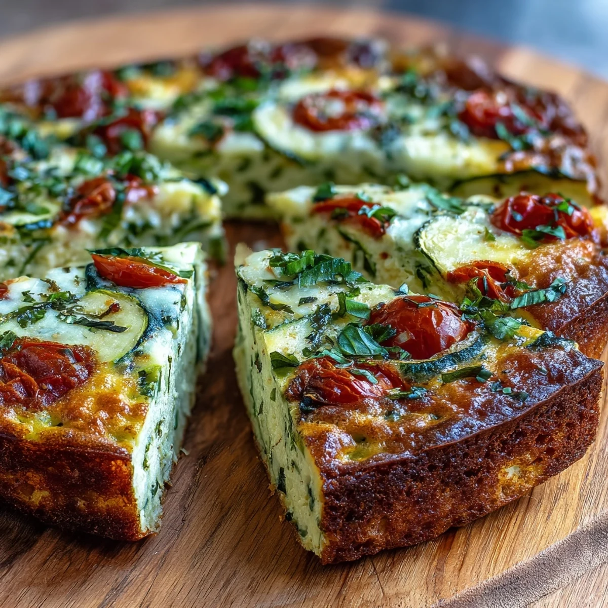 A slice of Light Zucchini and Tomato Frittata served beside a green salad.