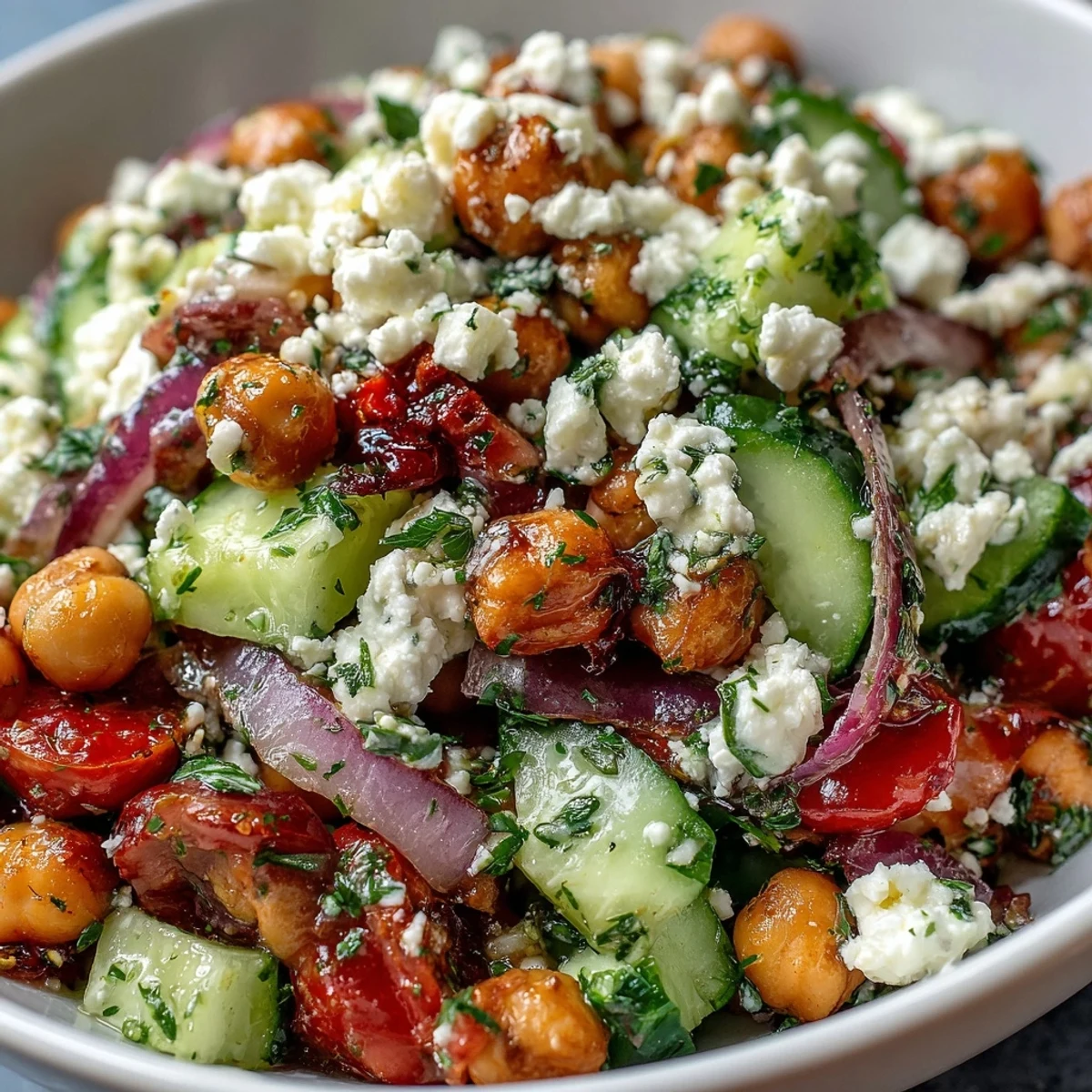 Fresh Mediterranean Chickpea Salad with cucumber, tomatoes, and creamy feta tossed in a zesty lemon-oregano vinaigrette.