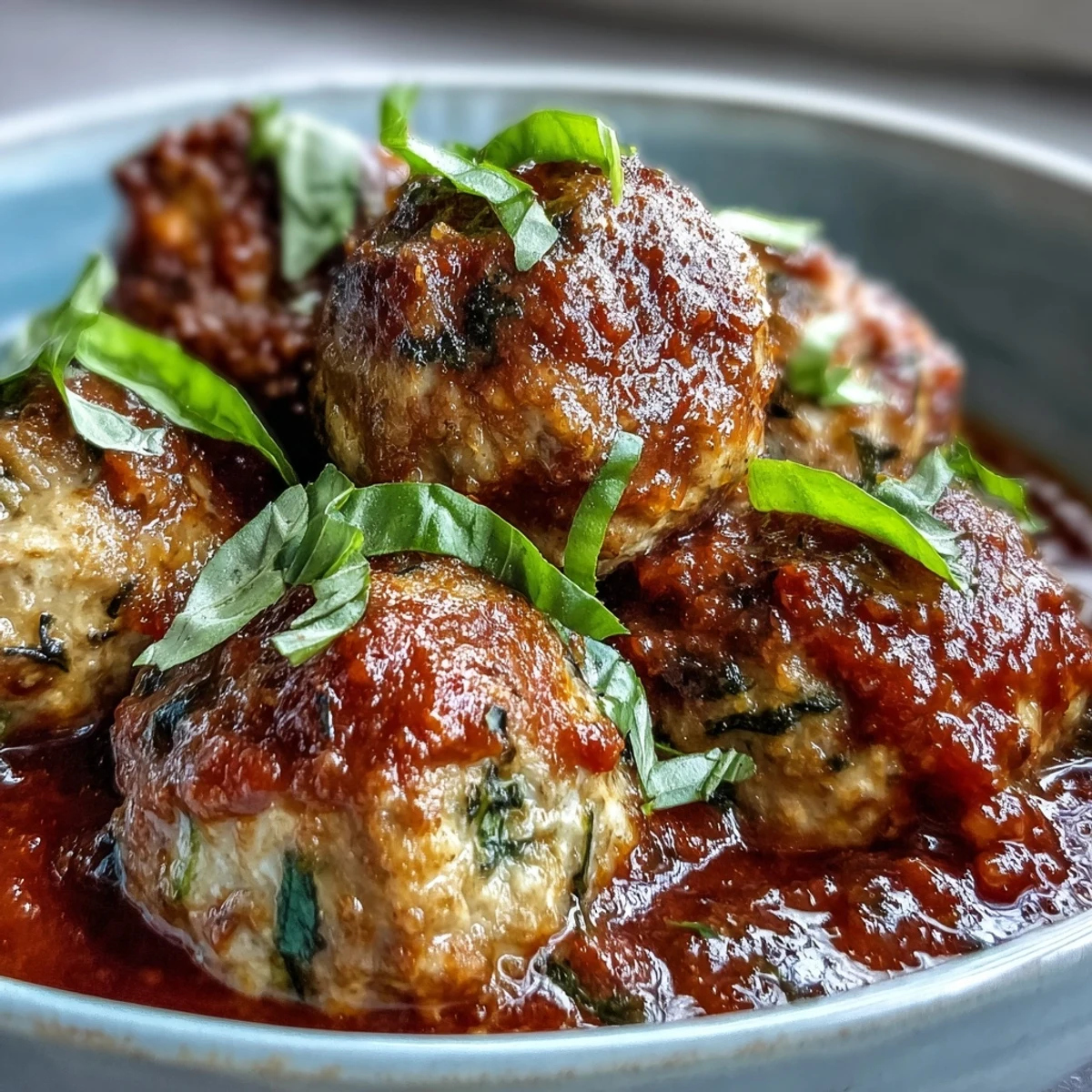 Golden-baked Clean Eating Turkey and Veggie Meatballs with Marinara in a rustic bowl, garnished with fresh basil.