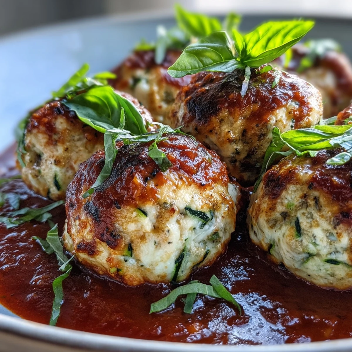 Freshly simmered Clean Eating Turkey and Veggie Meatballs with Marinara, perfect over zucchini noodles for a healthy dinner.