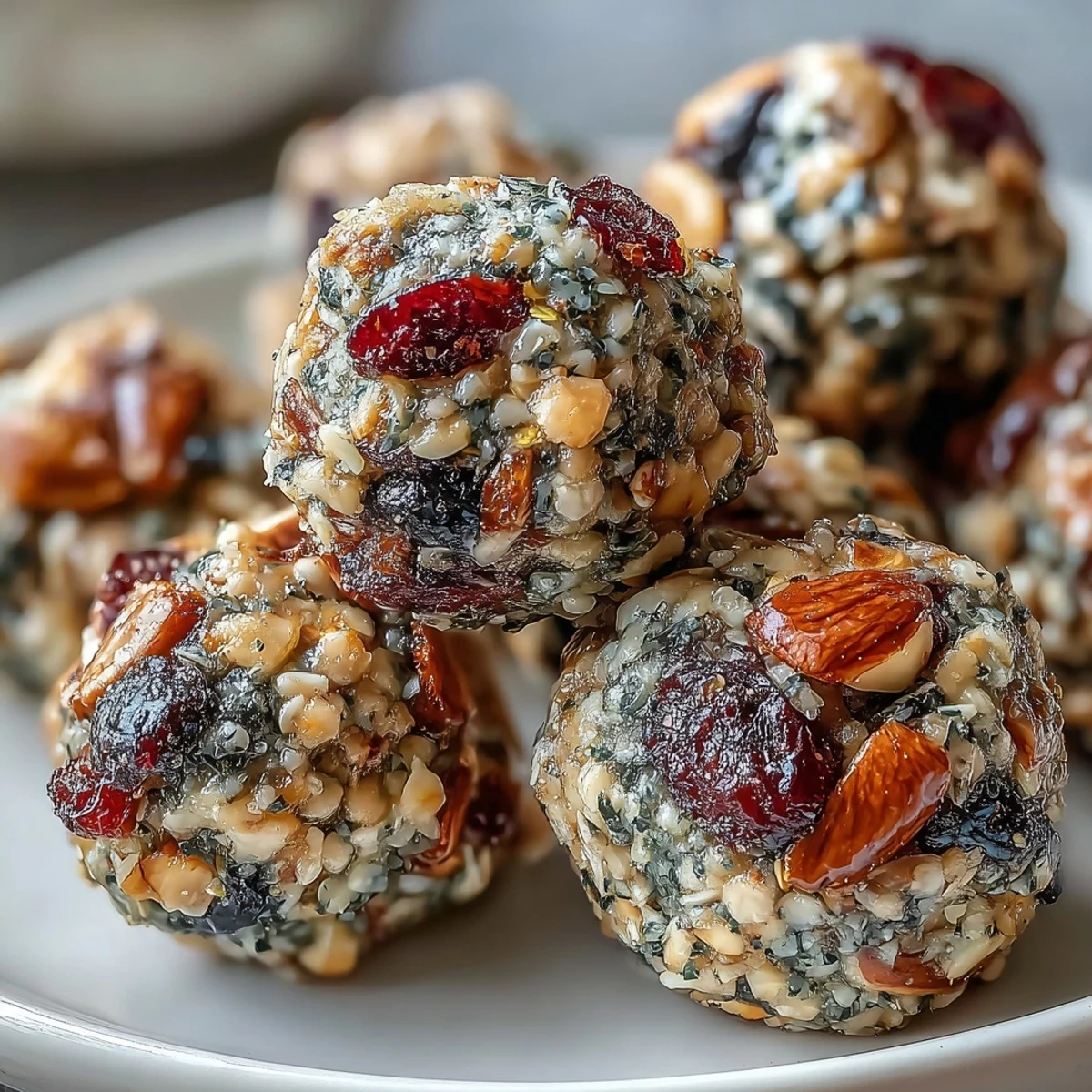 Vegan Lemon Blueberry Energy Bites are shown as golden-brown, bite-sized balls on a white plate, with visible oats and plump dried blueberries for texture.
