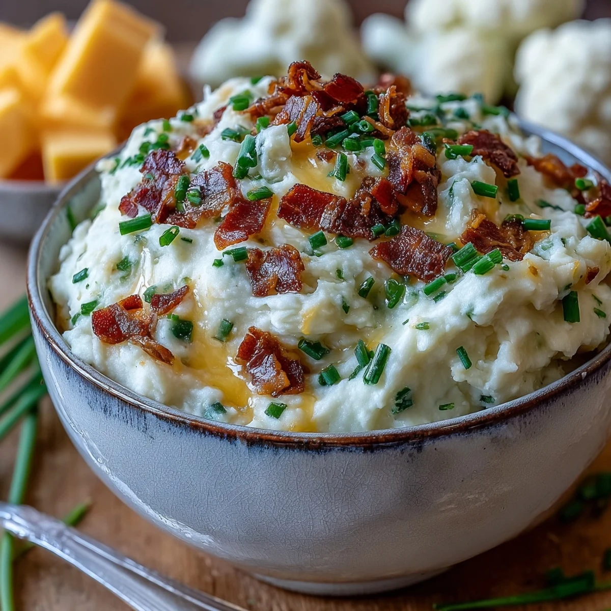 Creamy Keto Bacon and Cheddar Cauliflower Mash topped with crispy crumbles and fresh chives in a white bowl.