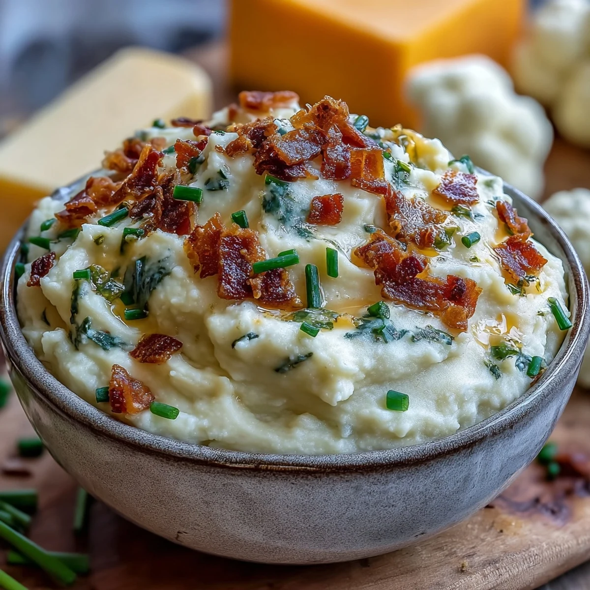 Rustic Keto Bacon and Cheddar Cauliflower Mash served alongside grilled steak, perfect for a satisfying American keto dinner.