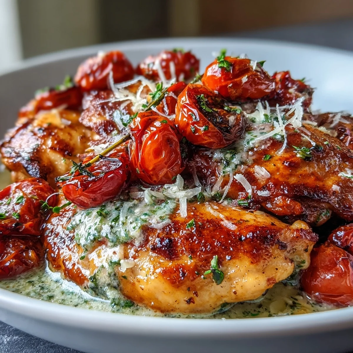 Tender chicken and vibrant roasted tomatoes smothered in a rich Parmesan pesto cream sauce, ready to serve.