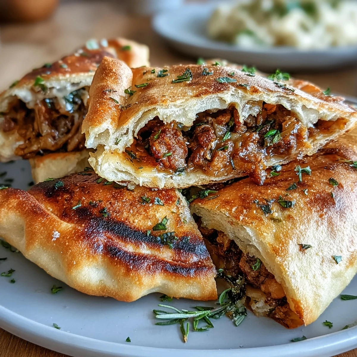 Golden pita bread stuffed with spiced meat, grilled until crispy and aromatic—classic Lebanese Arayes.  