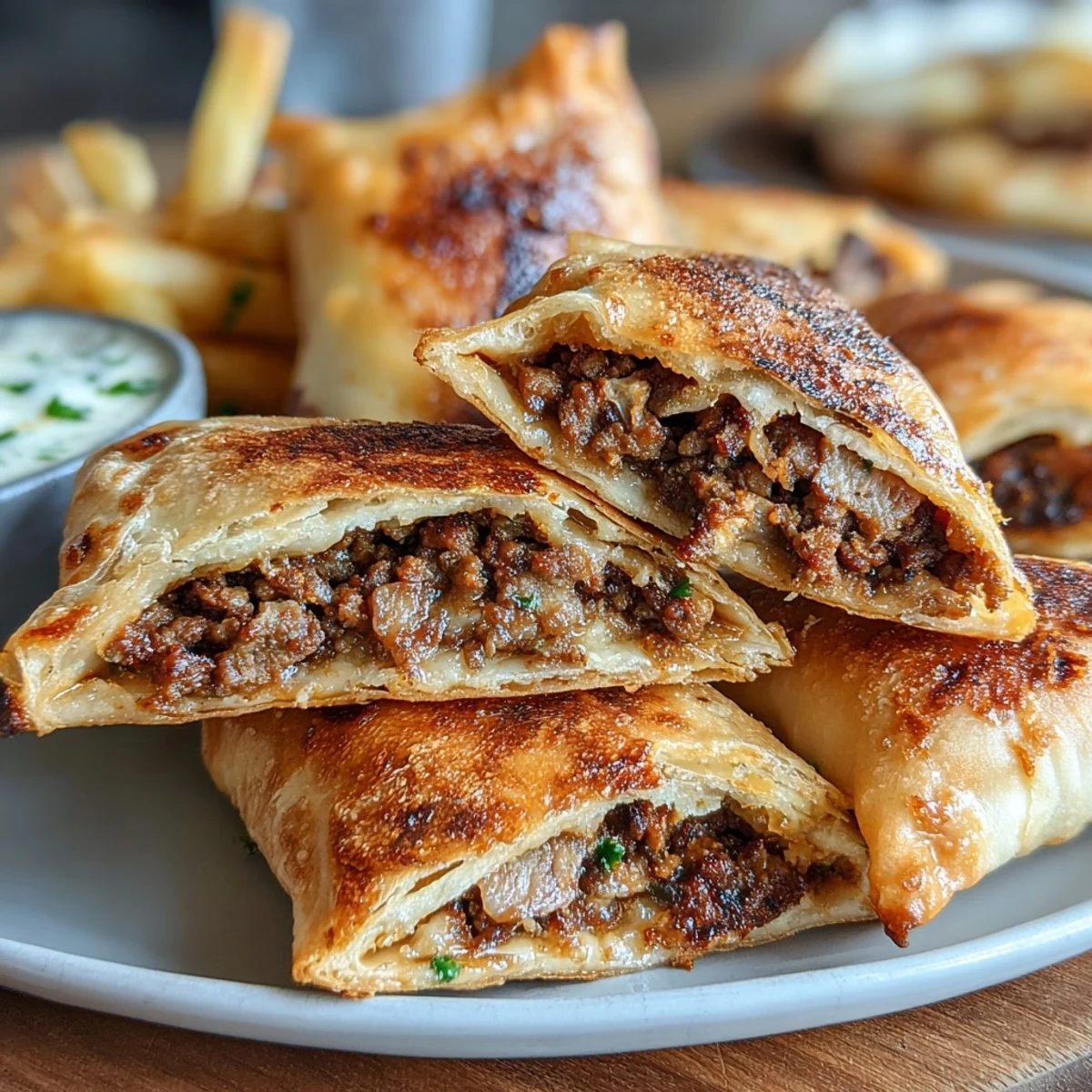 Pan-fried Lebanese Arayes bursting with cumin and cinnamon, served hot with fresh herbs and lemon.
