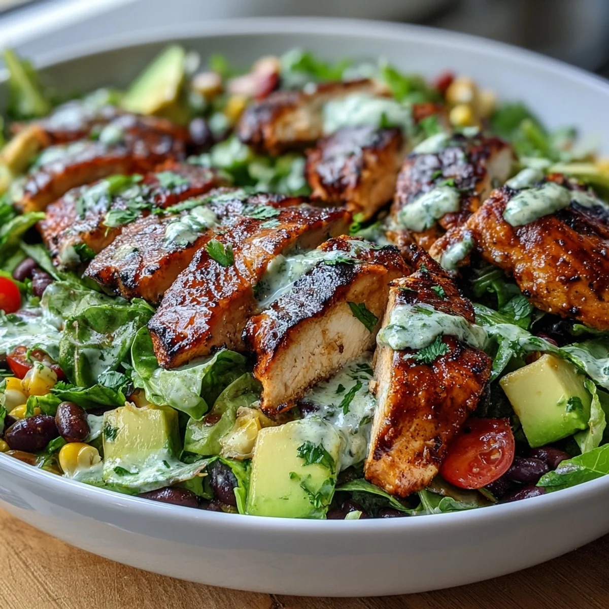 Southwest Chicken Power Salad with Black Beans and Corn, a colorful bowl of grilled chicken, fresh veggies, and zesty lime-cilantro dressing for a healthy, hearty meal.