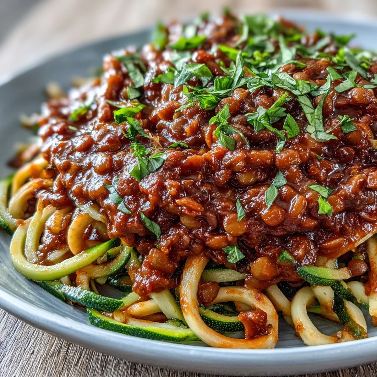 Rich and hearty vegan lentil Bolognese sauce spooned generously over colorful spiralized zucchini and carrot noodles.  