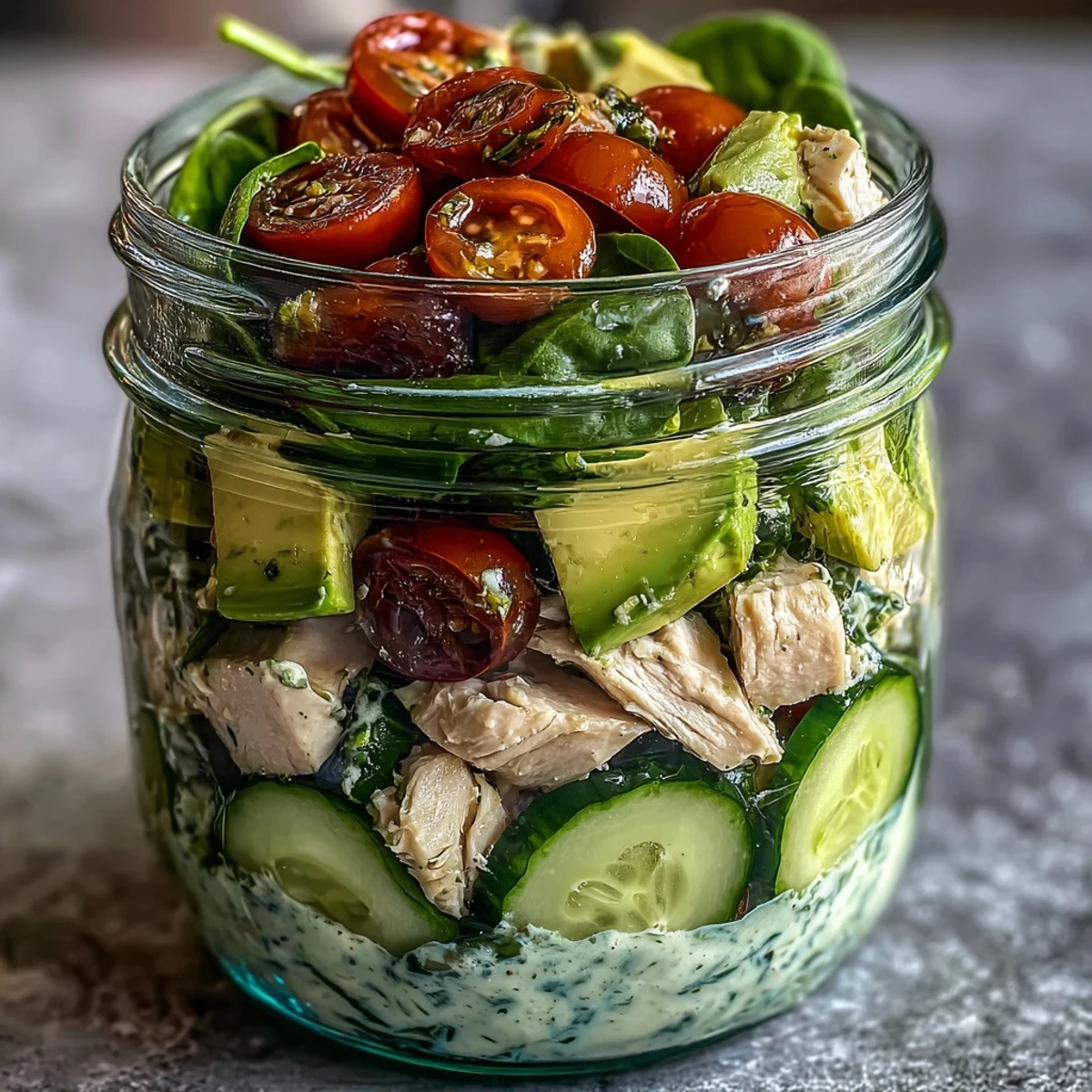 Fresh keto avocado chicken salad mason jars layered with spinach, tomatoes, and creamy avocado for a healthy grab-and-go lunch.  
