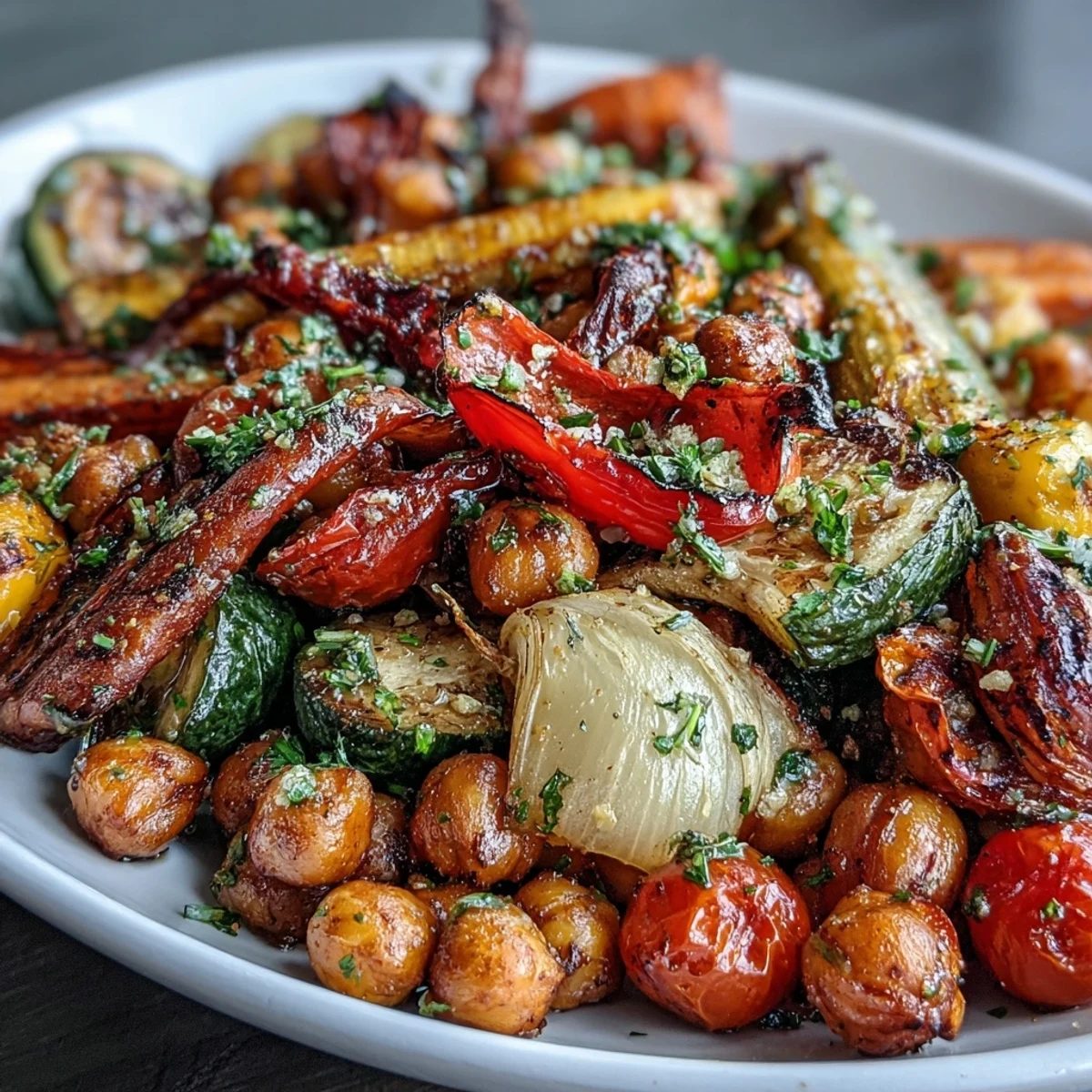 Vibrant roasted vegetable medley with chickpeas, lemon, and garlic, showcasing colorful seasonal produce in a Mediterranean-inspired dish.  