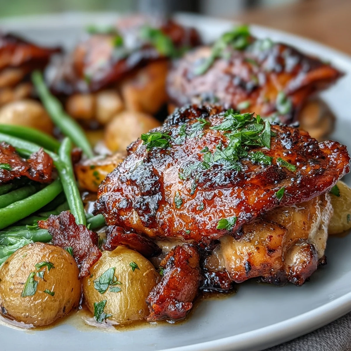Juicy honey garlic glazed chicken thighs roasted with baby potatoes and green beans on a sheet pan for an easy weeknight dinner.  
