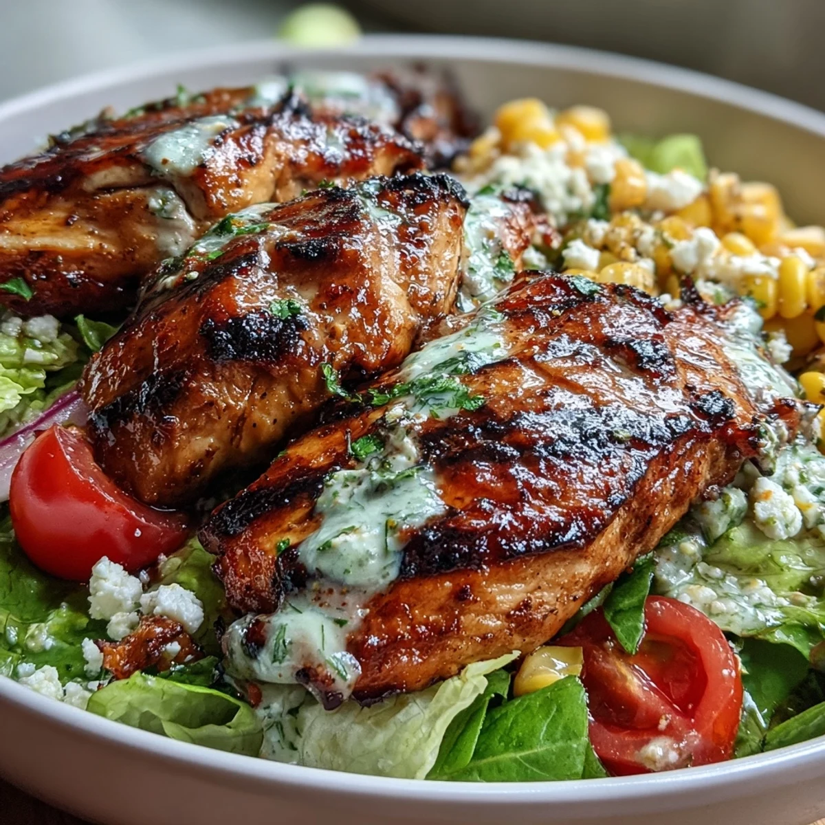 Colorful Chicken and Street Corn Bowls with tender chicken, roasted corn, crunchy greens, and a refreshing Greek yogurt drizzle.