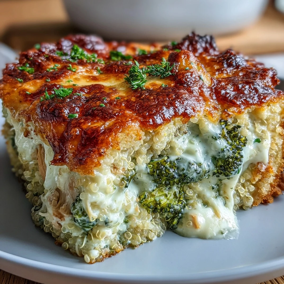 A creamy, cheesy casserole packed with tender chicken, broccoli, and quinoa, baked to golden perfection for a comforting gluten-free dinner.