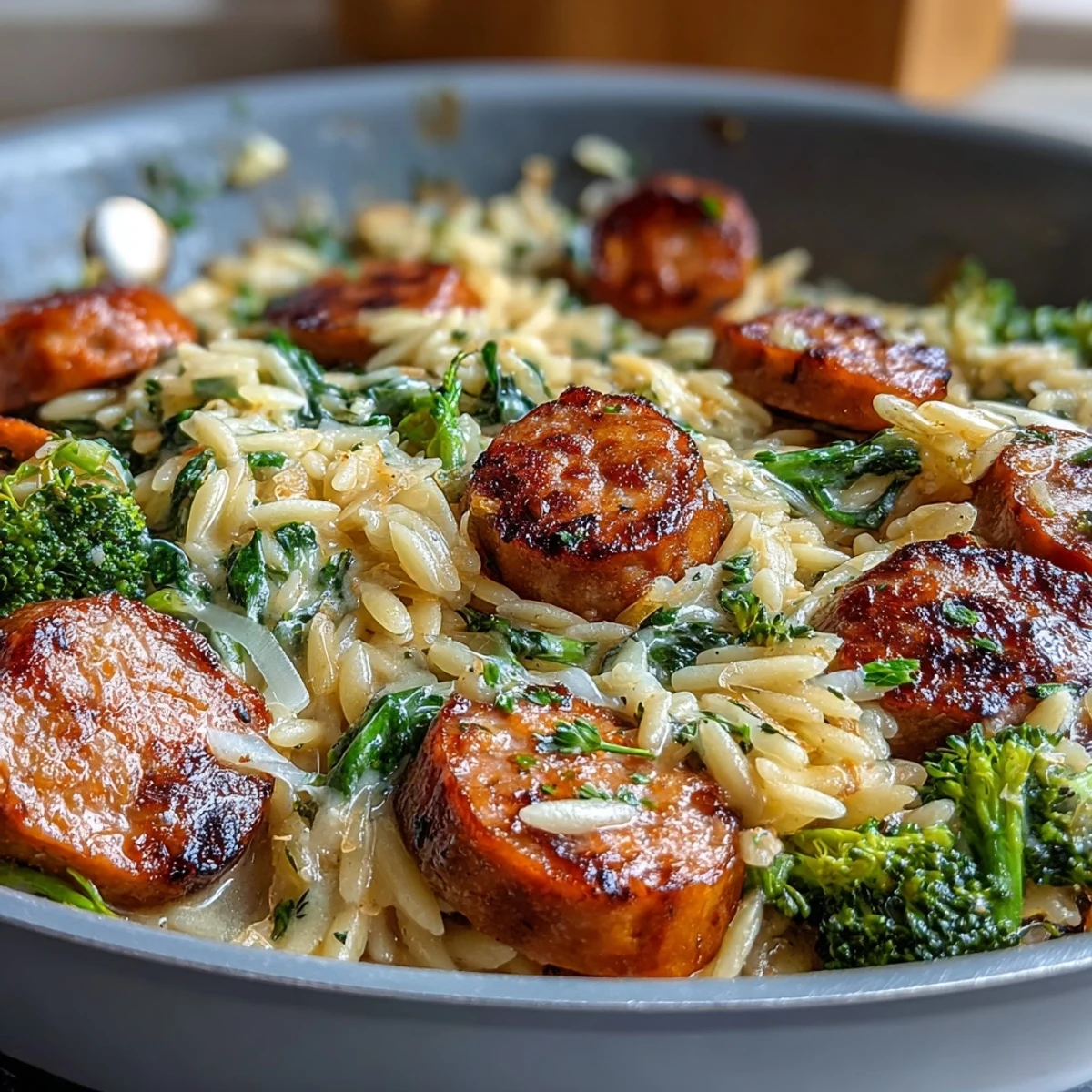 Easy one-pan meal with browned chicken sausage, orzo pasta, and bright broccoli, finished with a squeeze of lemon.