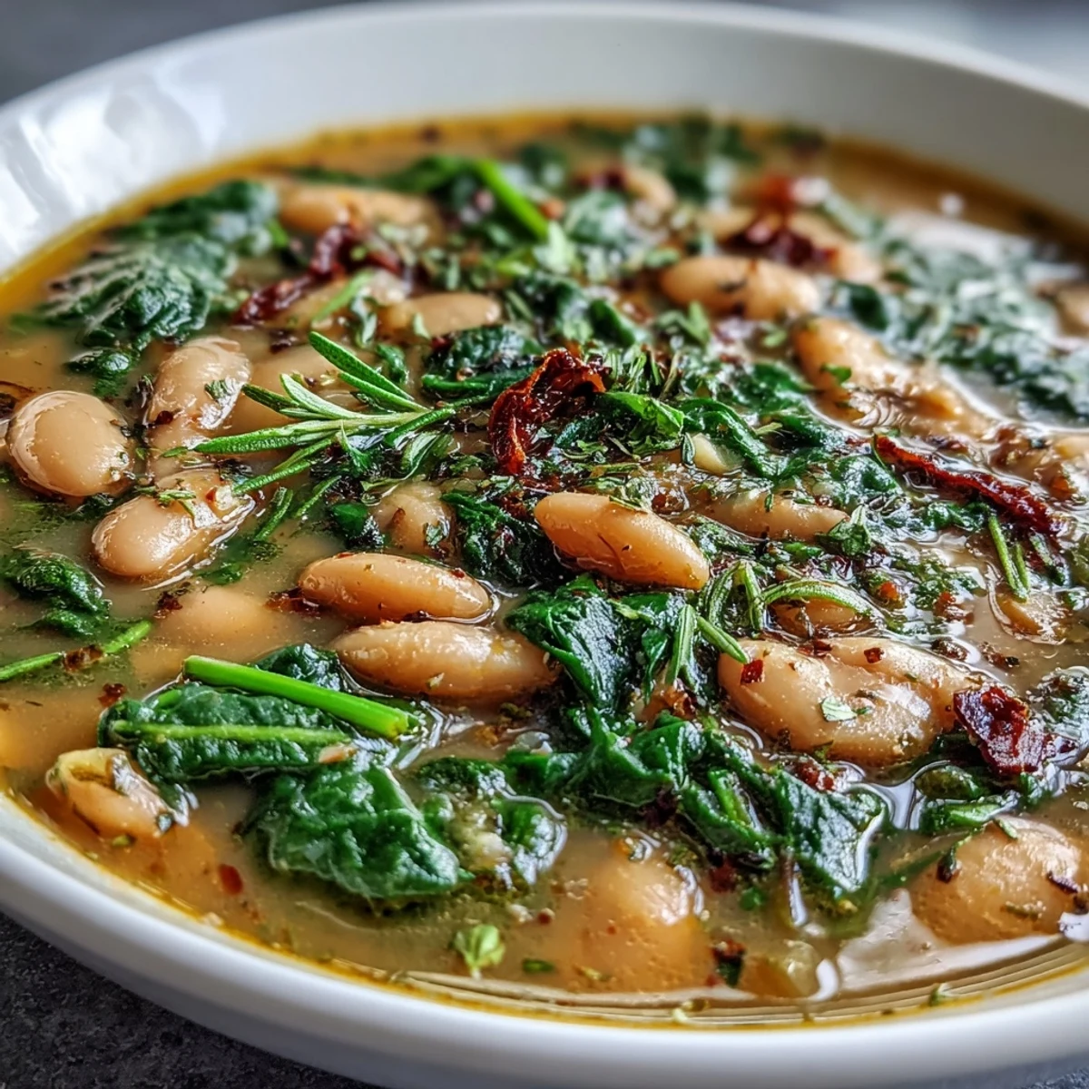 Creamy cannellini beans and vibrant spinach in a fragrant herb broth, perfect for a cozy vegan dinner.  