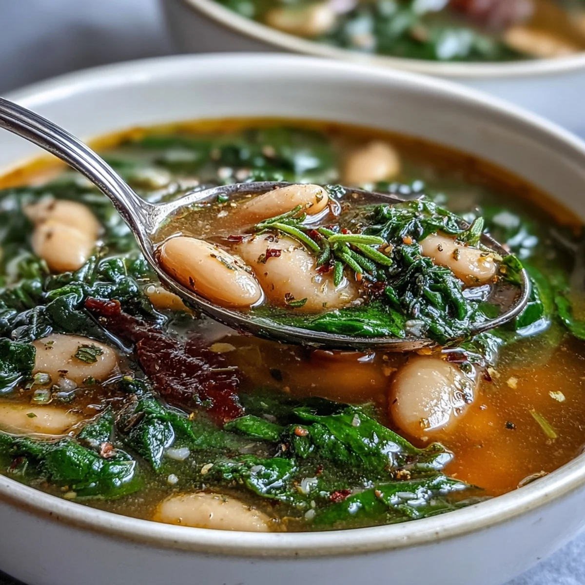 Rustic Italian white bean soup with tender vegetables, aromatic rosemary, and hearty greens in a savory vegan broth.