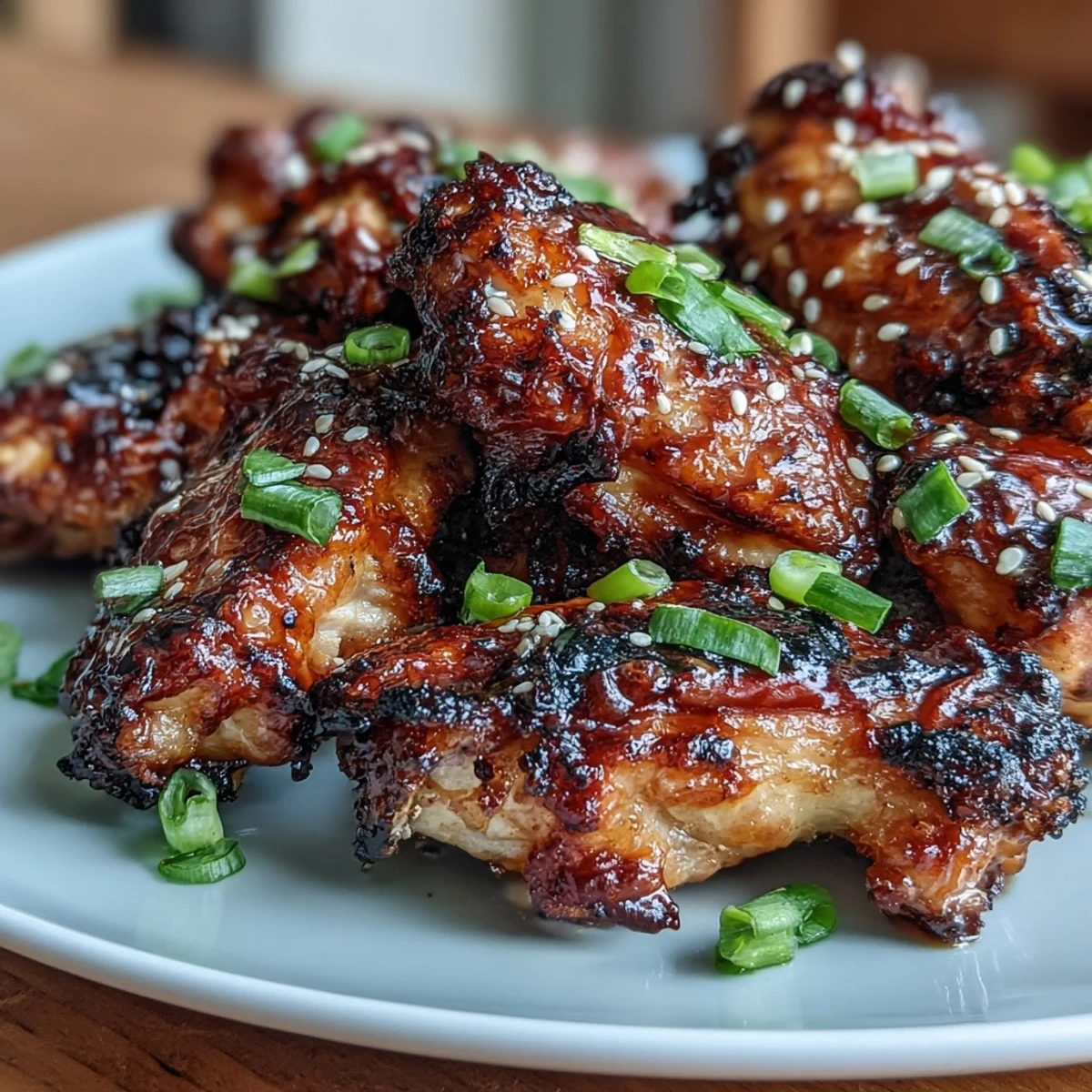 Tender chicken wings air-fried until crispy, then coated in a bold honey garlic glaze with soy, ginger, and sesame flavors.