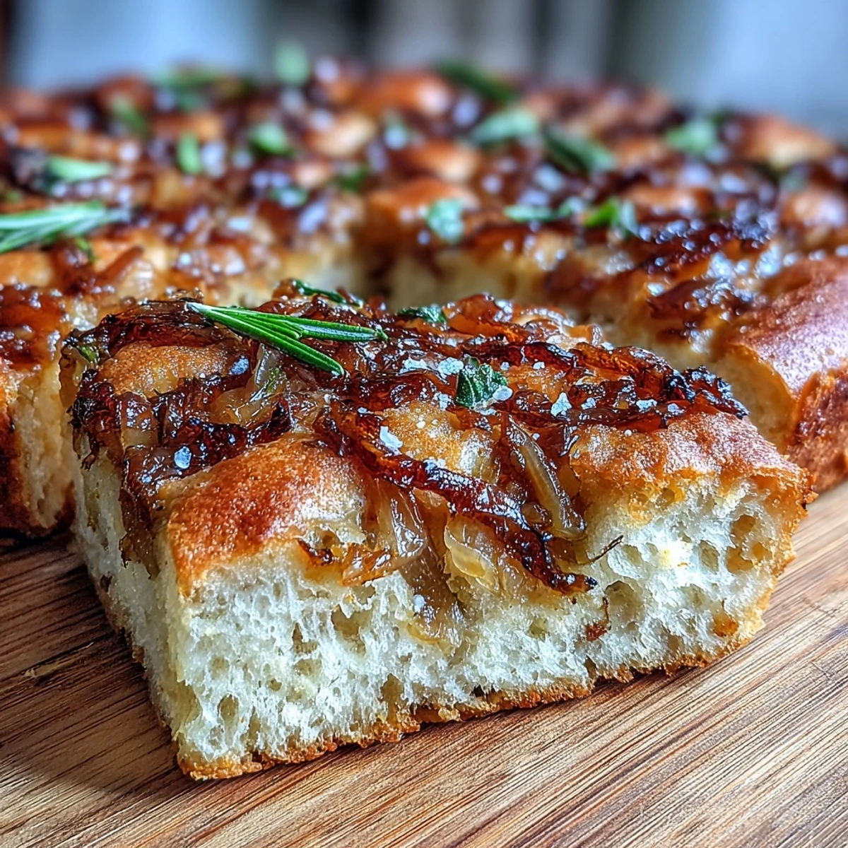 Golden sourdough focaccia with caramelized onions, baked to perfection and topped with sea salt and rosemary.