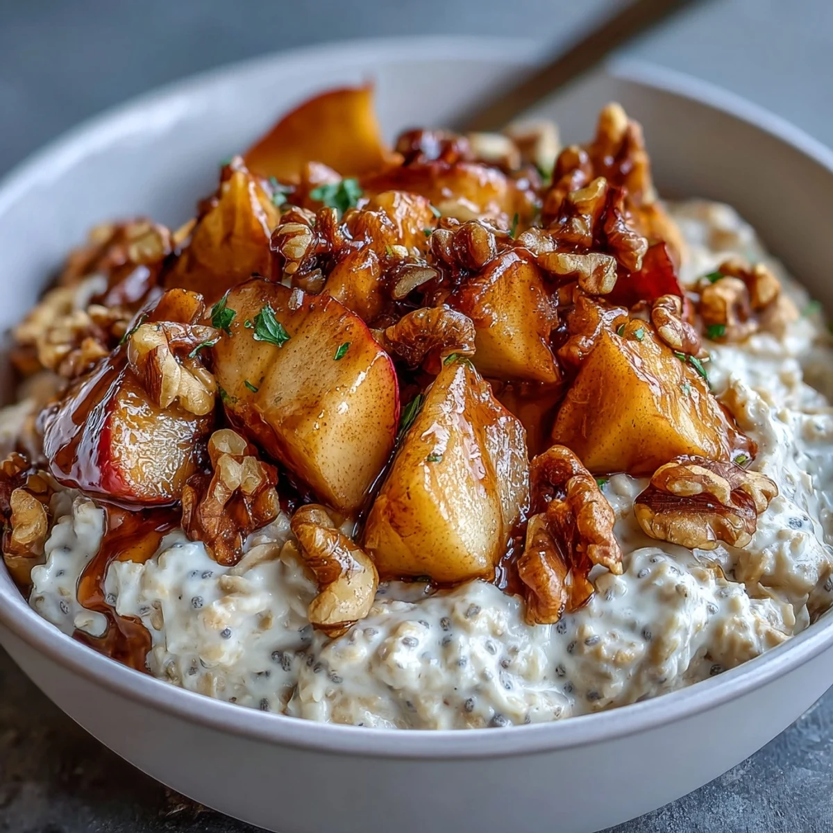 Creamy overnight oats topped with tender cinnamon-spiced apples and crunchy toasted walnuts for a wholesome breakfast.