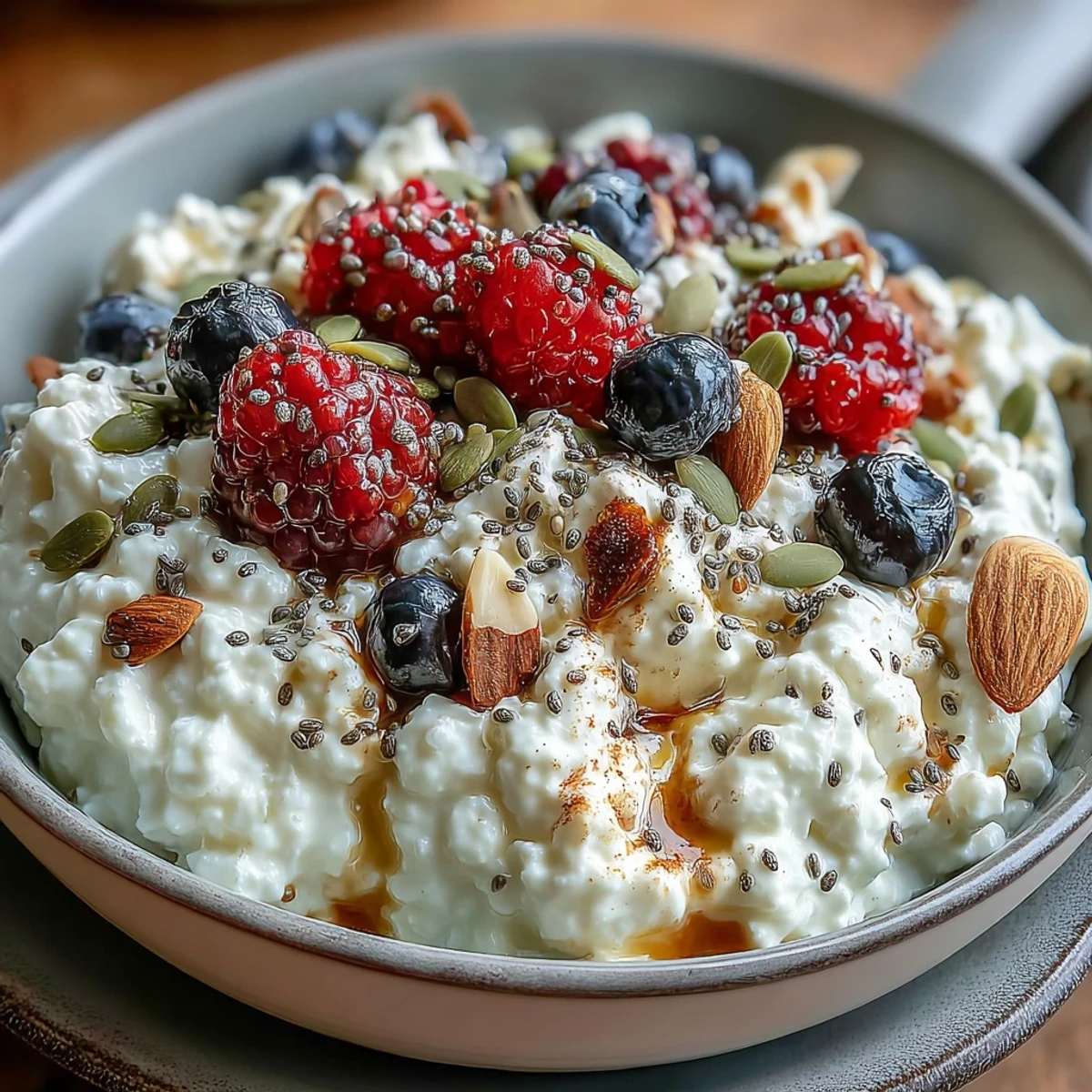 Creamy cottage cheese breakfast bowl topped with fresh mixed berries and crunchy seeds for a protein-rich morning meal.