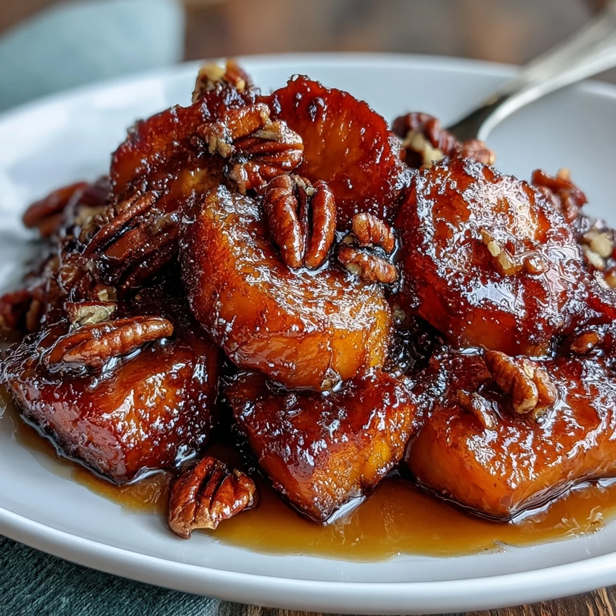 Candied yams with bourbon and brown sugar, glazed to perfection and garnished with chopped pecans.  