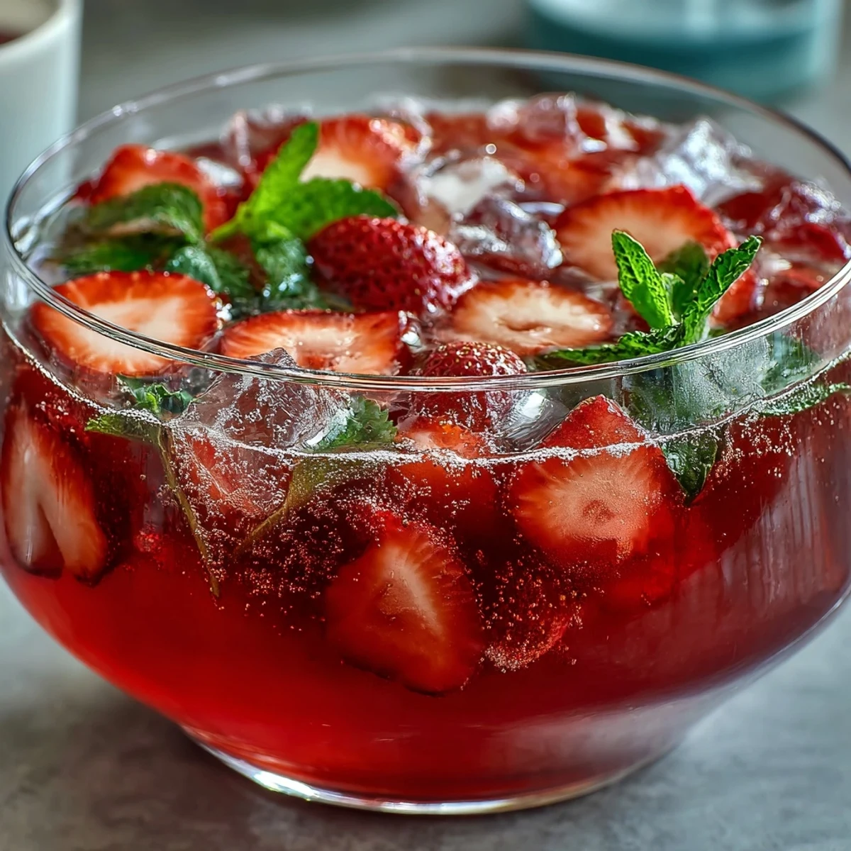 A sparkling strawberry lemonade punch with cranberry juice, garnished with fresh fruit and mint, ideal for Galentines gatherings.