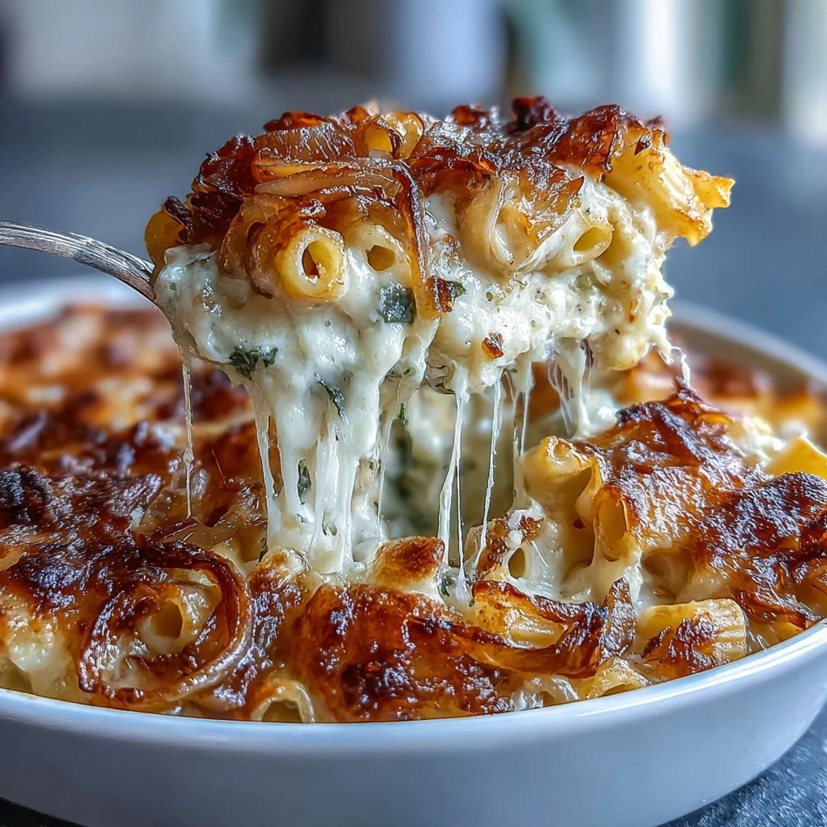 A bubbling French onion soup pasta bake with caramelized onions and melted Gruyère cheese topping.