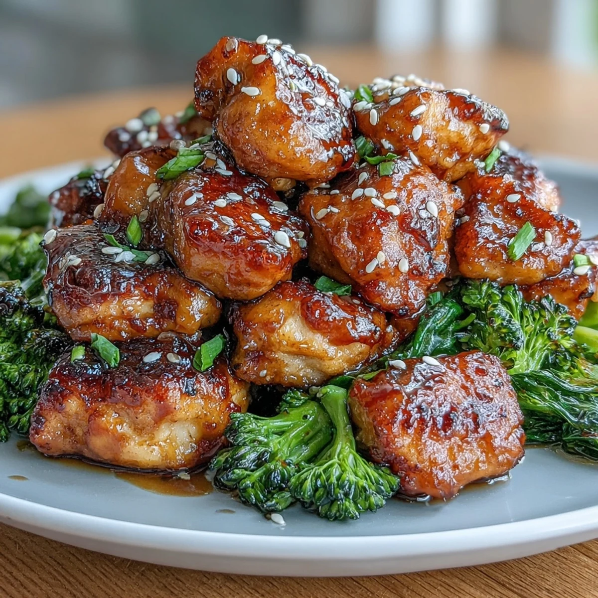 Golden chicken bites glazed in sweet honey garlic sauce, served with crisp air-fried broccoli for a quick and healthy meal.  