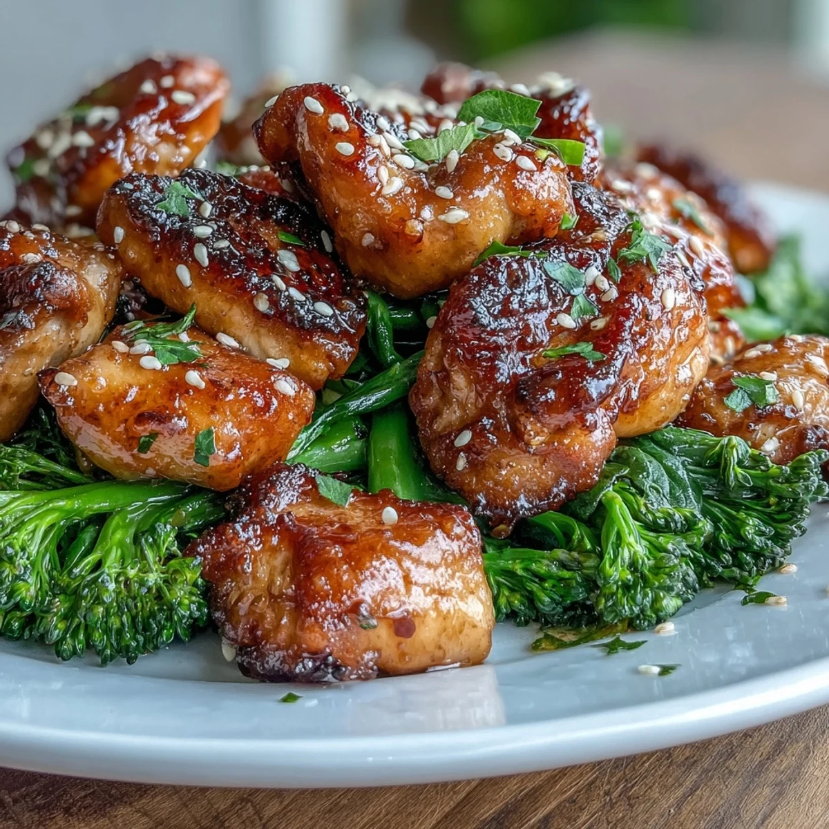 Juicy air-fried chicken coated in savory honey garlic glaze, paired with tender broccoli florets for a flavorful dinner.  