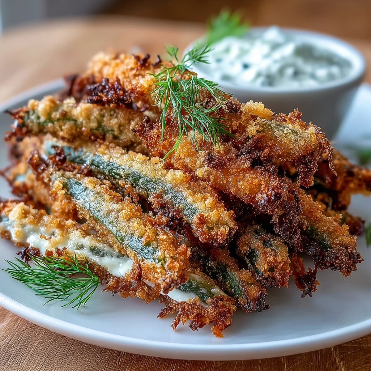 Crispy air fryer green bean fries coated in panko and Parmesan, served with creamy ranch yogurt dip for a healthy snack.  