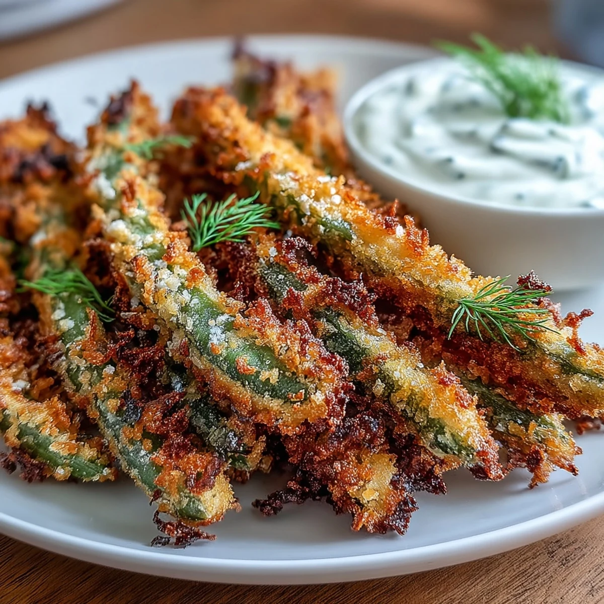 Air-fried green bean fries golden and crispy, served alongside a rich ranch yogurt dip for a wholesome vegetarian snack.