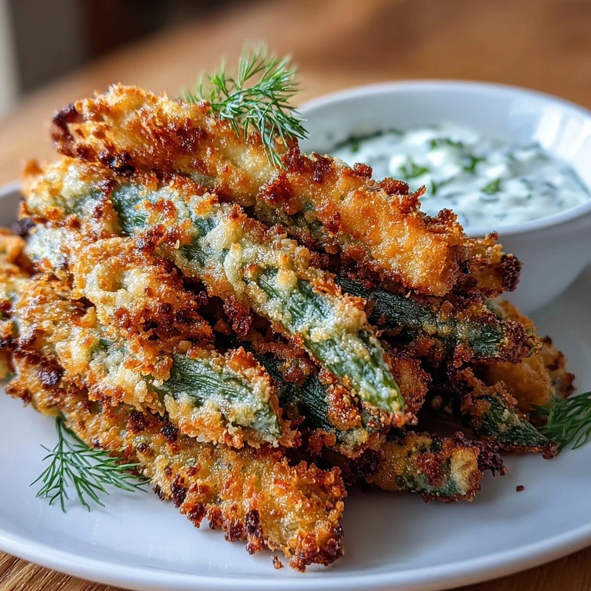 Golden green bean fries with crunchy breadcrumb coating, paired with tangy homemade ranch yogurt dip—perfect appetizer or side dish.  