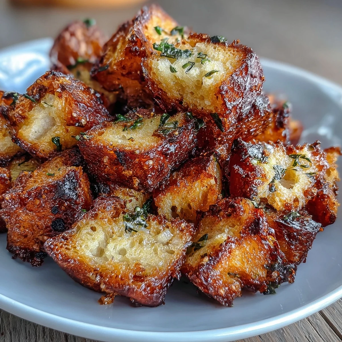 Golden sourdough croutons with garlic and herb seasoning, crispy and golden from the air fryer, perfect for salads or soups.