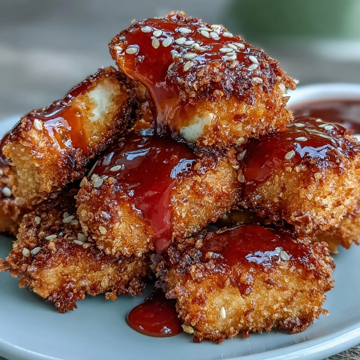Crispy air fryer tofu nuggets coated in sweet chili sauce, golden and flavorful with a tangy glaze.