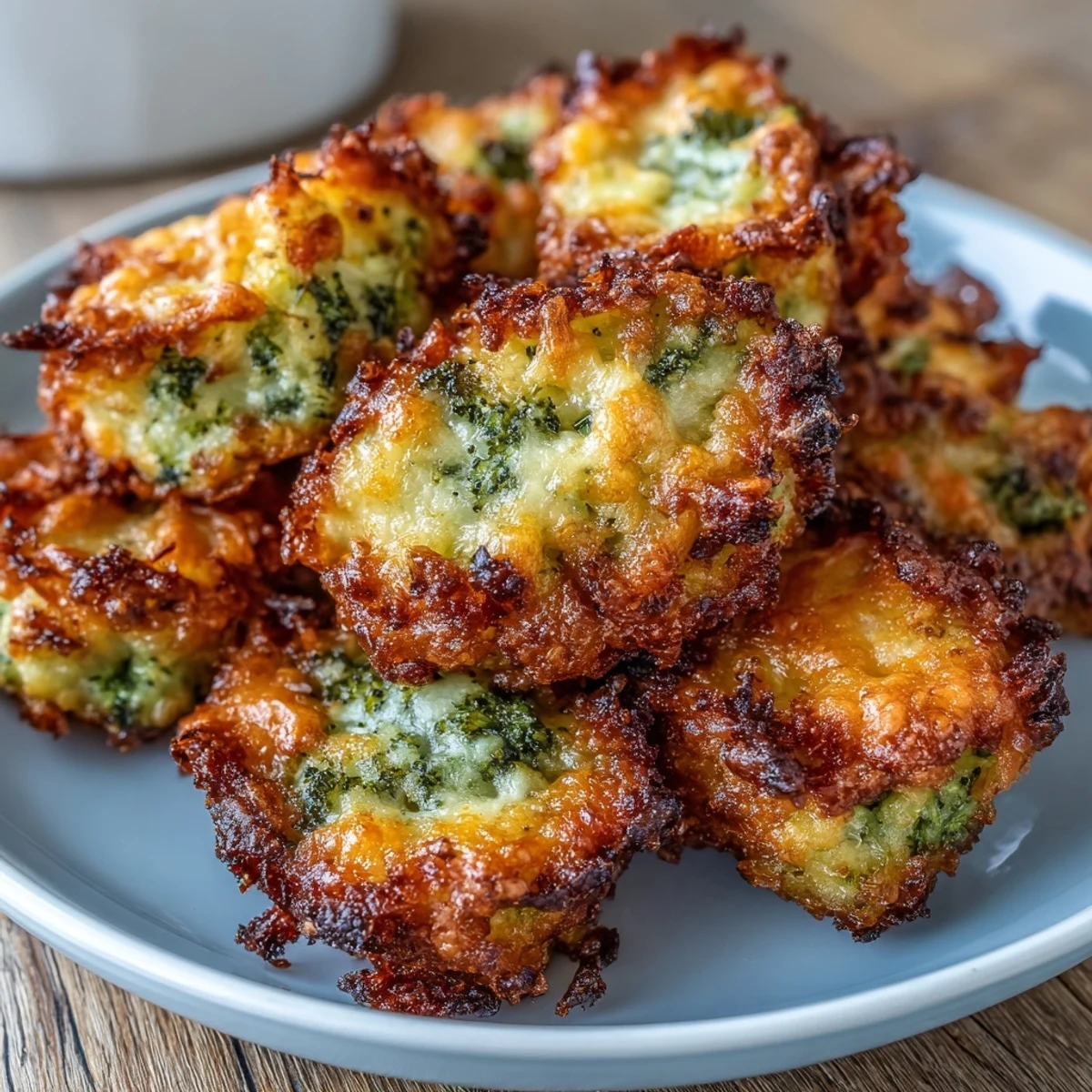 Crispy cheddar broccoli tots in air fryer, golden brown and cheesy with tender broccoli bits.  