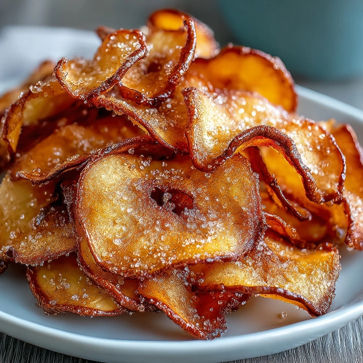 Golden air fryer apple chips dusted with cinnamon sugar—crispy, sweet, and healthy homemade snack.