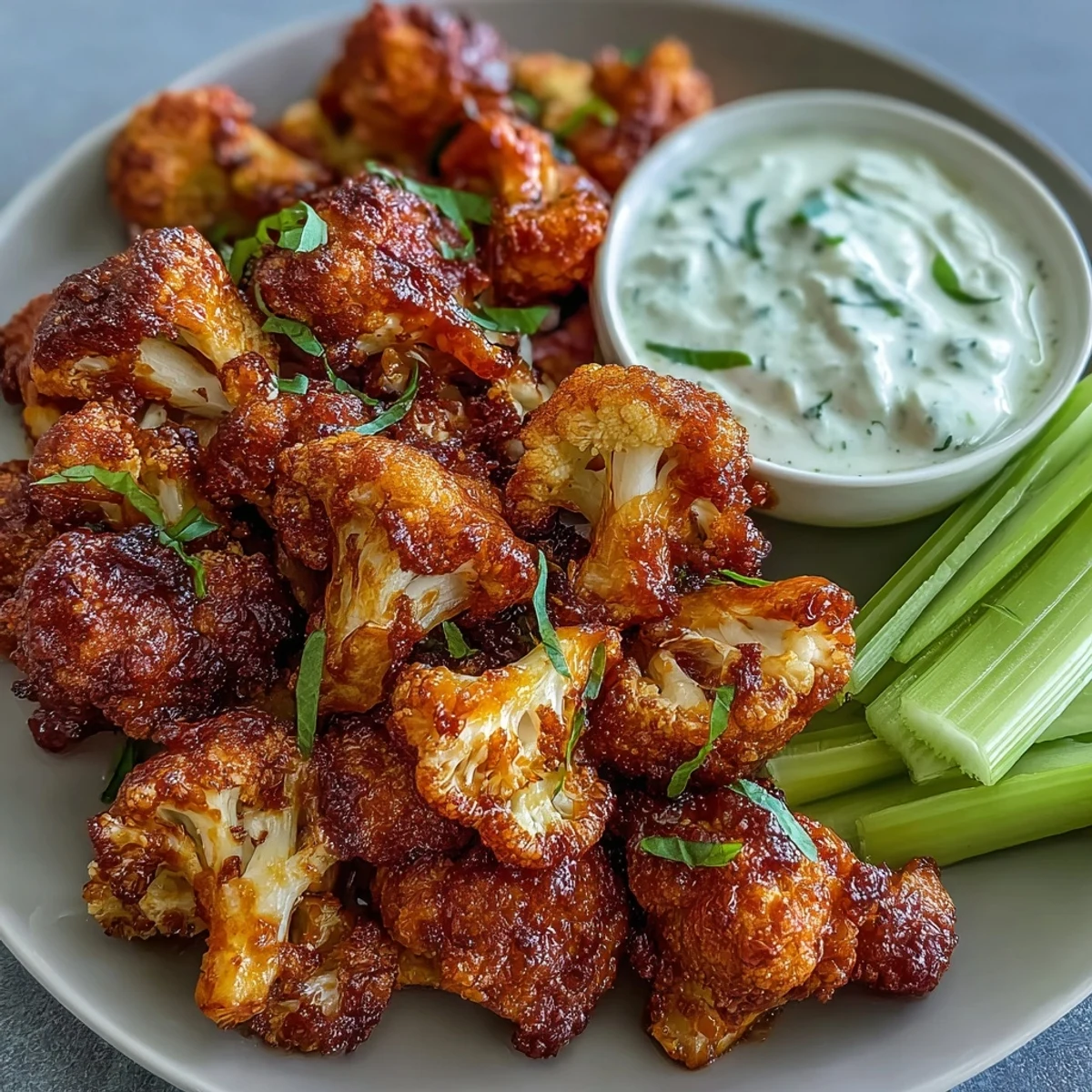 Crispy air fryer cauliflower florets coated in spicy Buffalo sauce, served with celery sticks for a tangy appetizer.