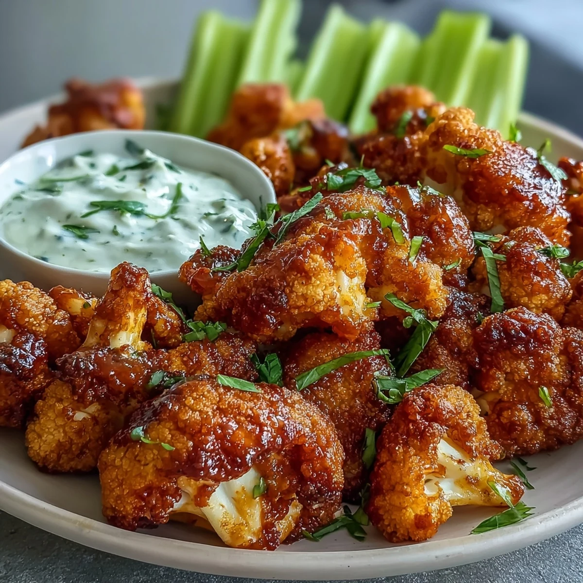 Golden-brown cauliflower wings tossed in homemade Buffalo sauce, offering a flavorful vegetarian alternative to classic chicken wings.
