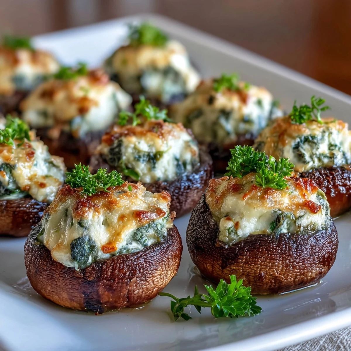 Air fryer stuffed mushrooms bursting with creamy spinach and cheese filling, golden and crispy on top. A perfect vegetarian appetizer for parties or gatherings.