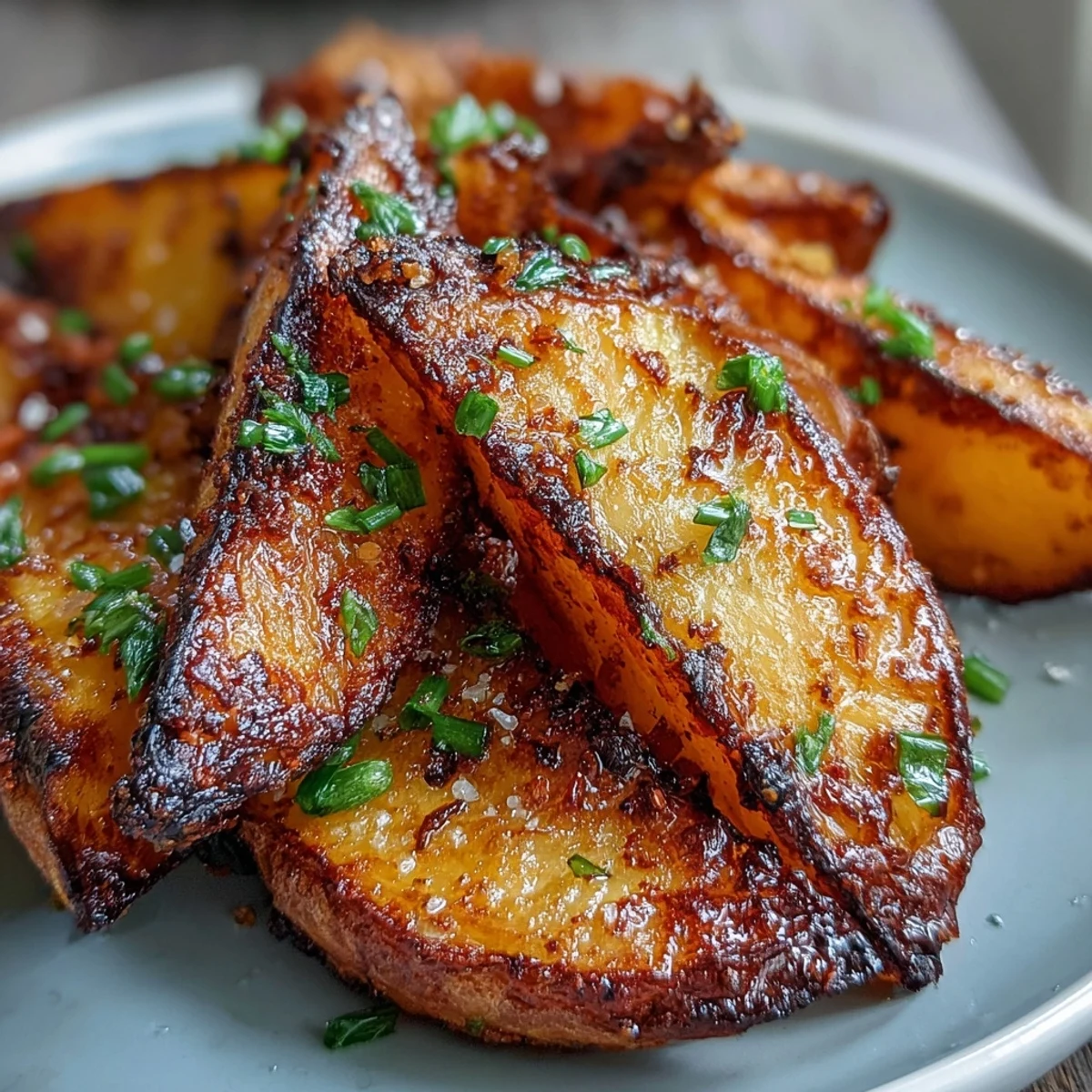 Golden crispy air fryer potato wedges seasoned with smoked paprika and garlic, served with a creamy spring onion dip.  