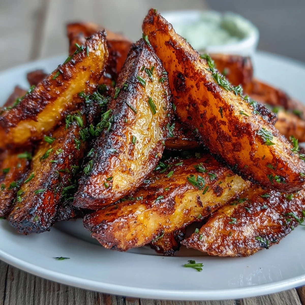 Oven-fresh potato wedges cooked to perfection in the air fryer, accompanied by a zesty spring onion and lemon dip.