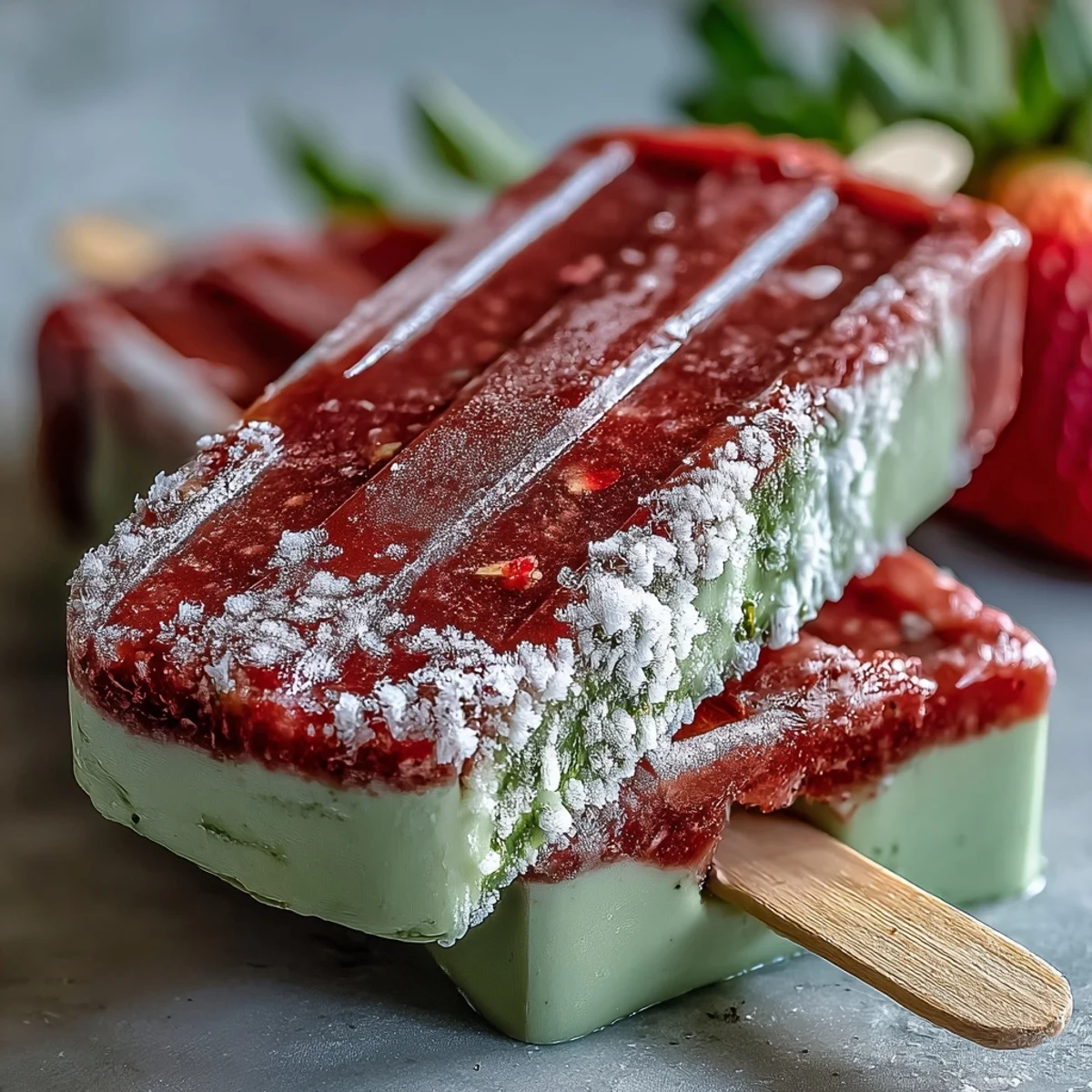 Layered strawberry and matcha milk popsicles perfect for cooling off on warm spring afternoons.