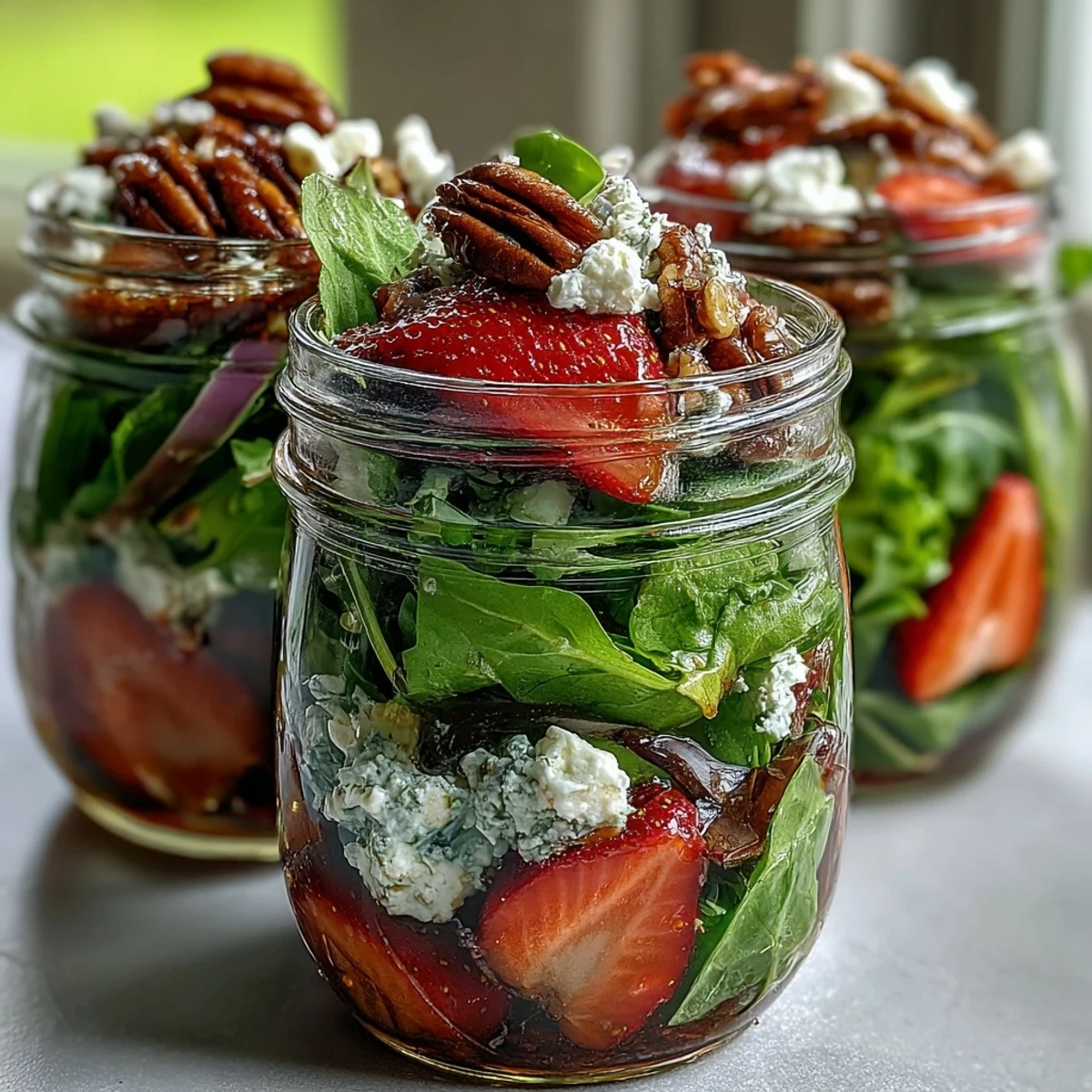 Layered salad with strawberries, goat cheese, and nuts in a jar, perfect for picnics and outdoor gatherings with a homemade balsamic dressing.