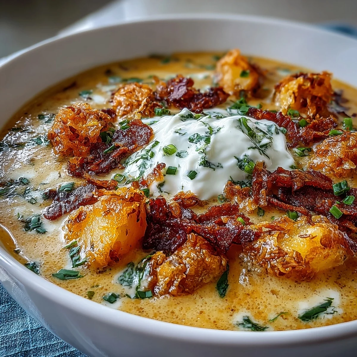 Hearty loaded baked potato soup with creamy cheddar, crispy bacon, and crunchy potato chip topping.