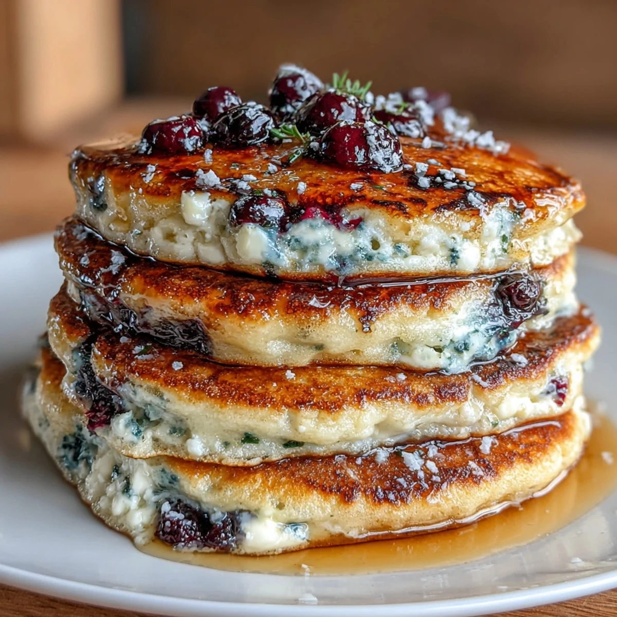 Sourdough discard transformed into tender pancakes, studded with blueberries and zesty lemon, served with a drizzle of maple syrup.